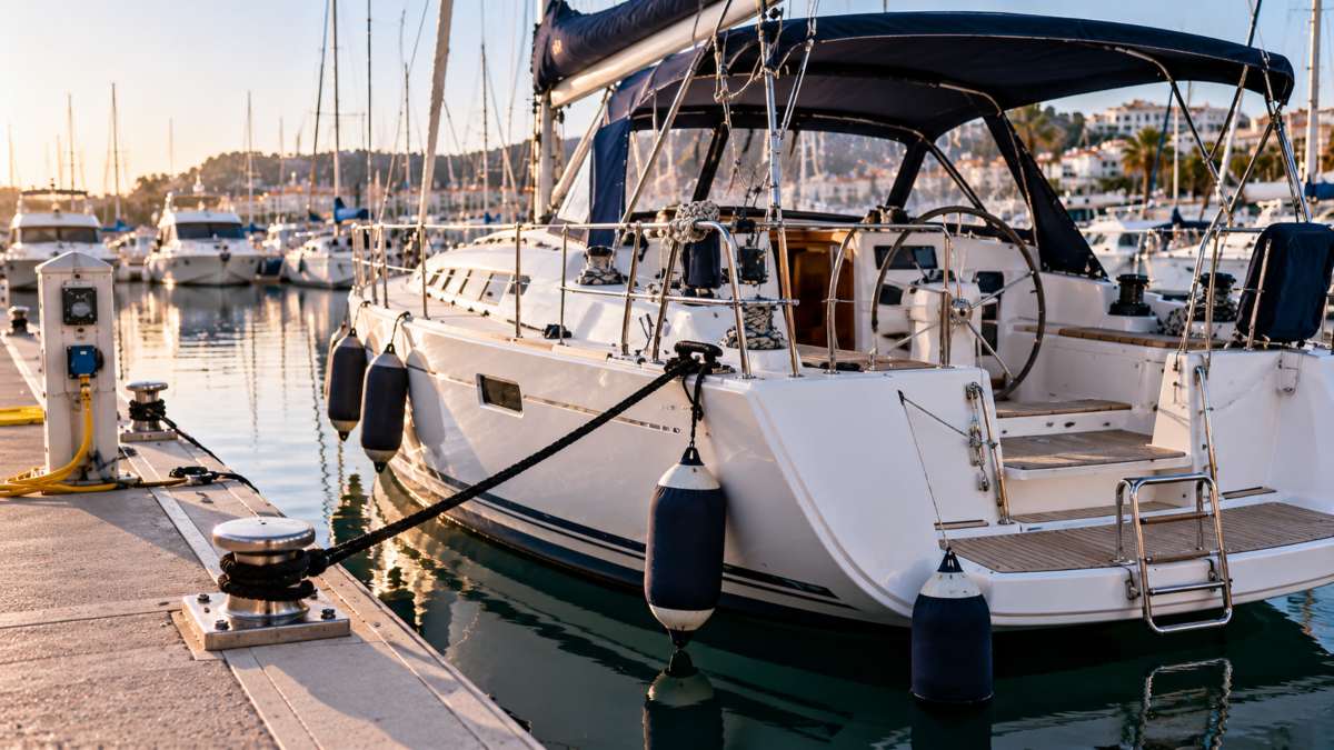 Cómo elegir amarre: barco de recreo amarrado en una plaza de una marina deportiva